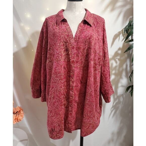 Catherines Womens Batik Dye Button Shirt Plus Size 4X 30/32W Red Leaf Print - Picture 1 of 10